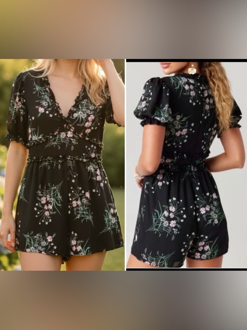 FRANCESCA’S ROMPER. SIZE L. BLACK FLORAL RUFFLED SHORT ROMPER. LINED. BACK ZIP